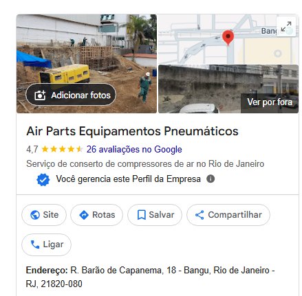 Ficha do Google de Air Parts Equipamentos Pneumáticos
